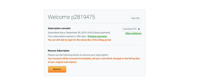 Subscription Cancellation Message from PIA