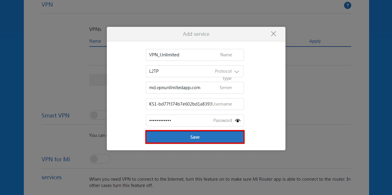 Enter L2TP settings on the Add service screen to set up VPN on your Xiaomi router