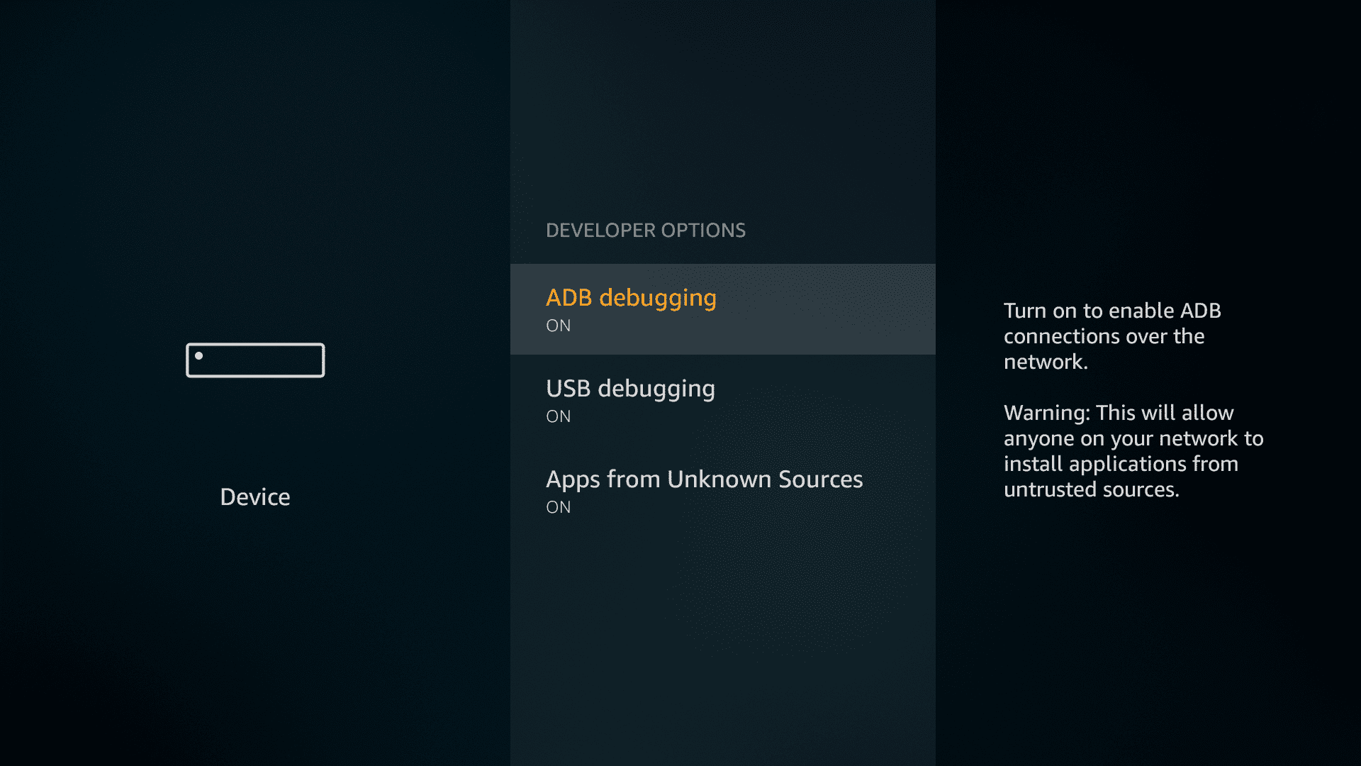 Developer options and make sure that all the features there are turned on - VPN for amazon fire tv