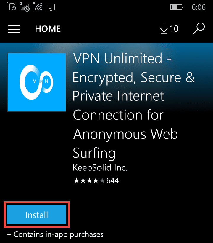 How to install VPN on Windows Phone - KeepSolid VPN Unlimited app page in the Windows Phone Store
